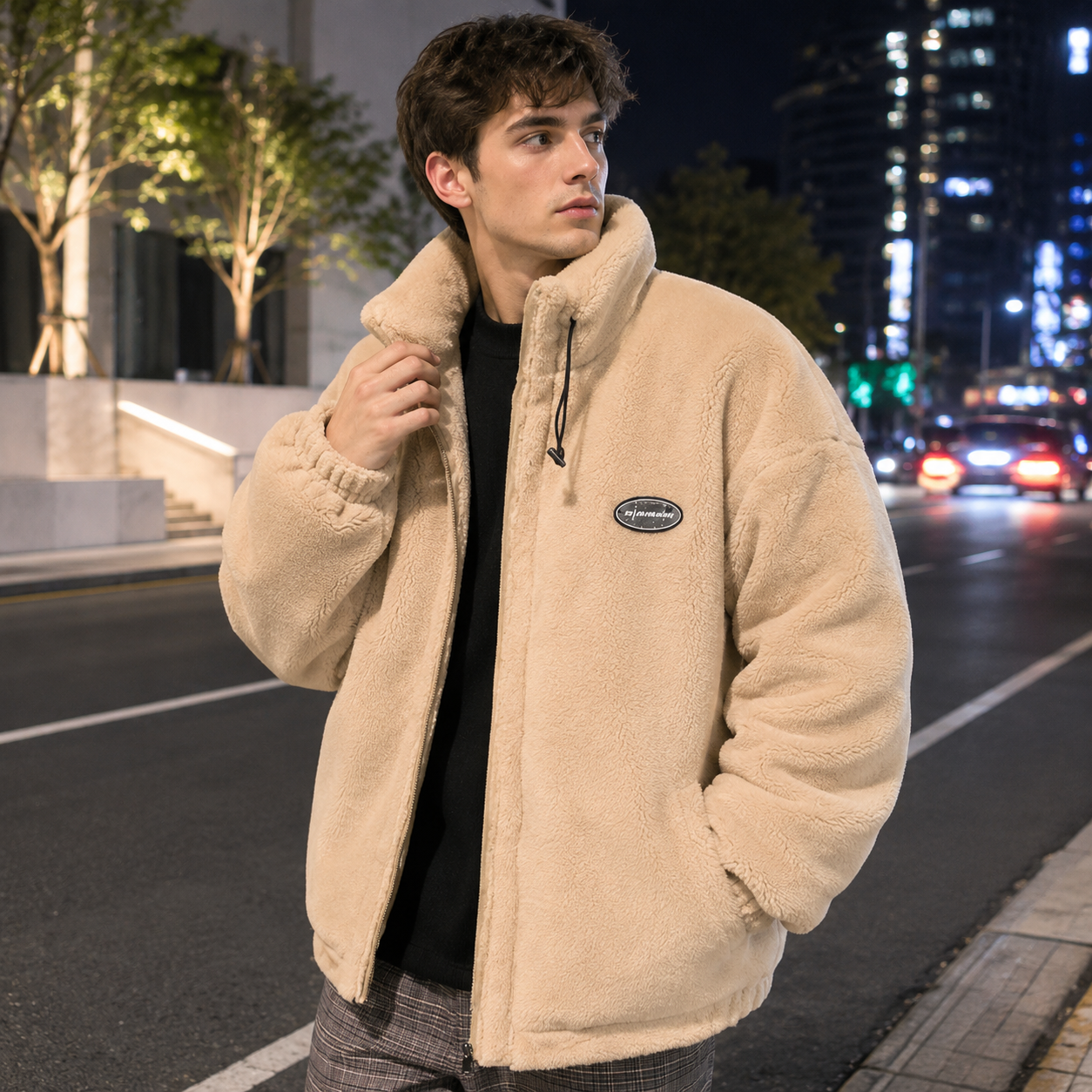 Sherpa fleece coat beige lifestyle ad image on model at night