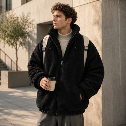 Sherpa fleece coat black lifestyle ad image on model