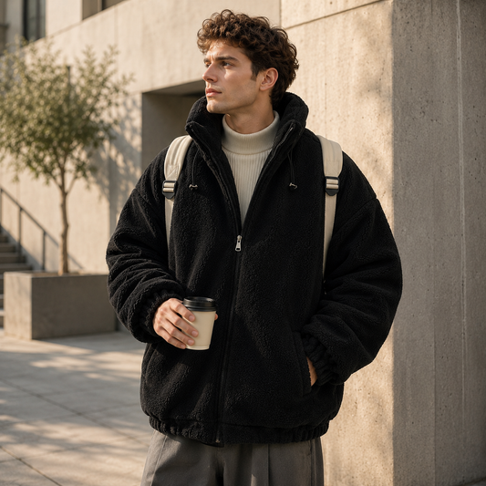 Sherpa fleece coat black lifestyle ad image on model