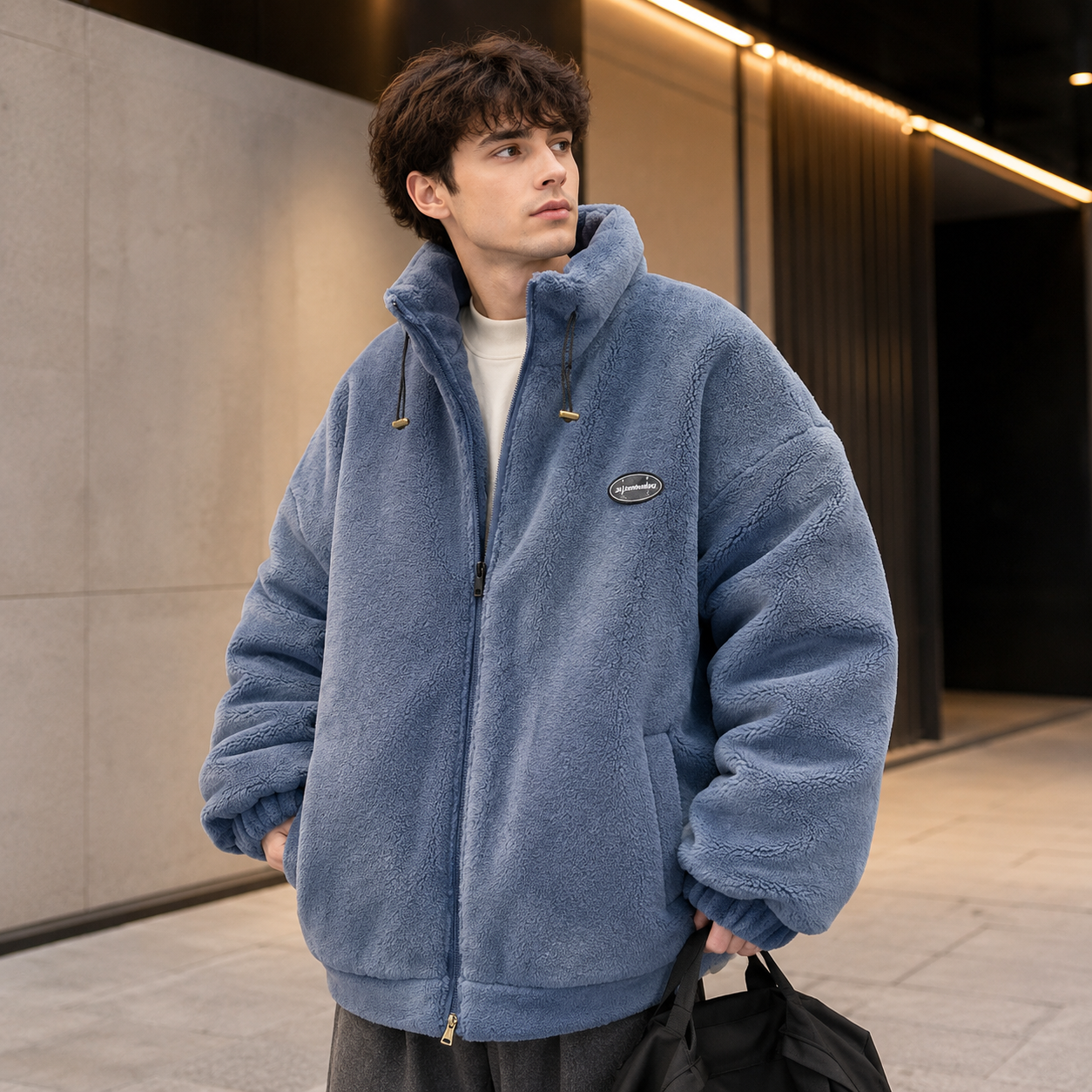 Sherpa fleece coat blue lifestyle ad image on model