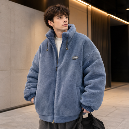 Sherpa fleece coat blue lifestyle ad image on model