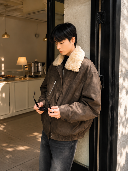 Sherpa-lined padded lapel coat cafe lifestyle ad image
