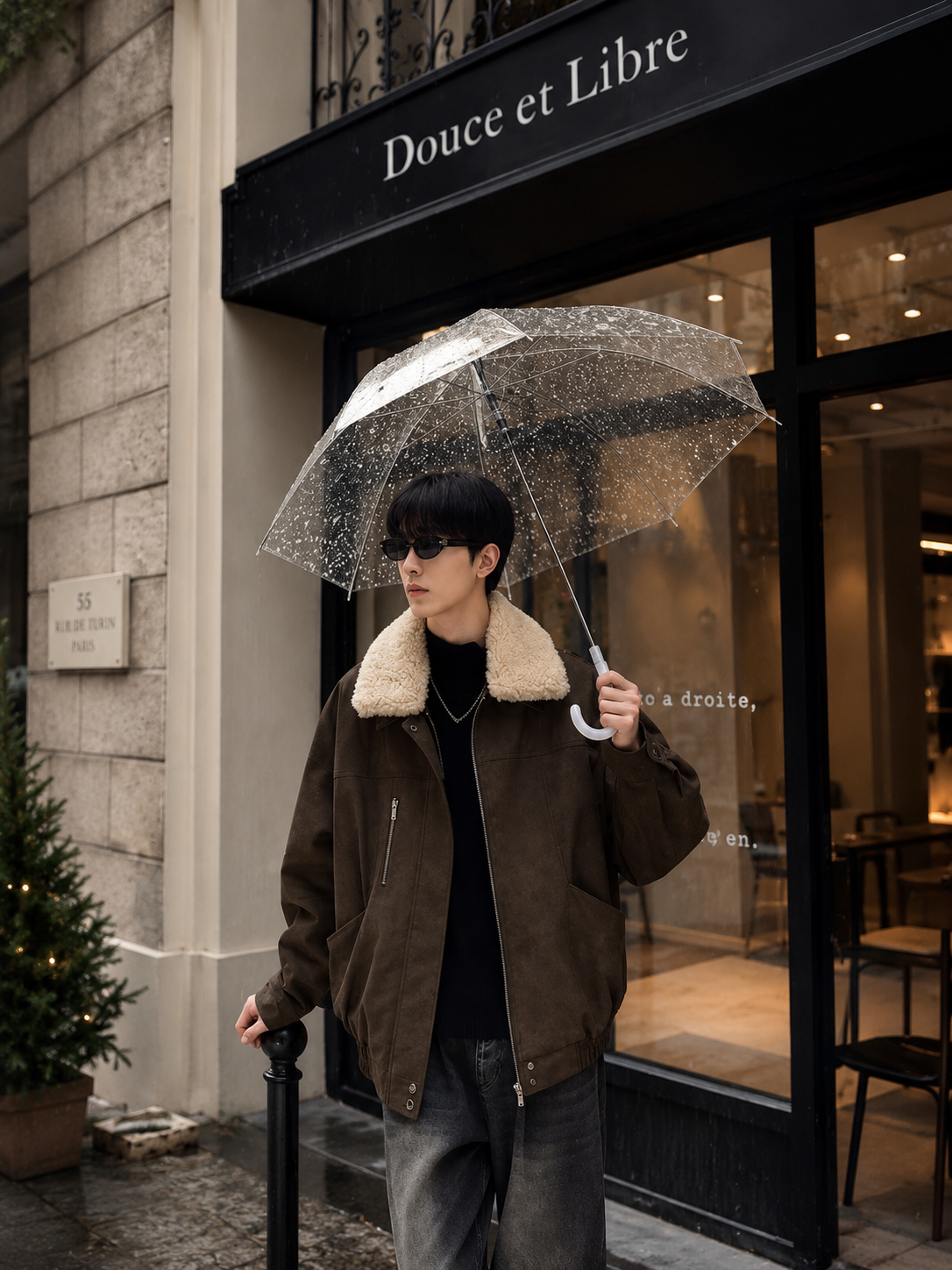 Sherpa-lined padded lapel coat rainy street lifestyle ad image