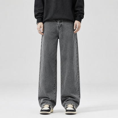 Model wearing gray Solid Wide-Leg Street Jeans, front view
