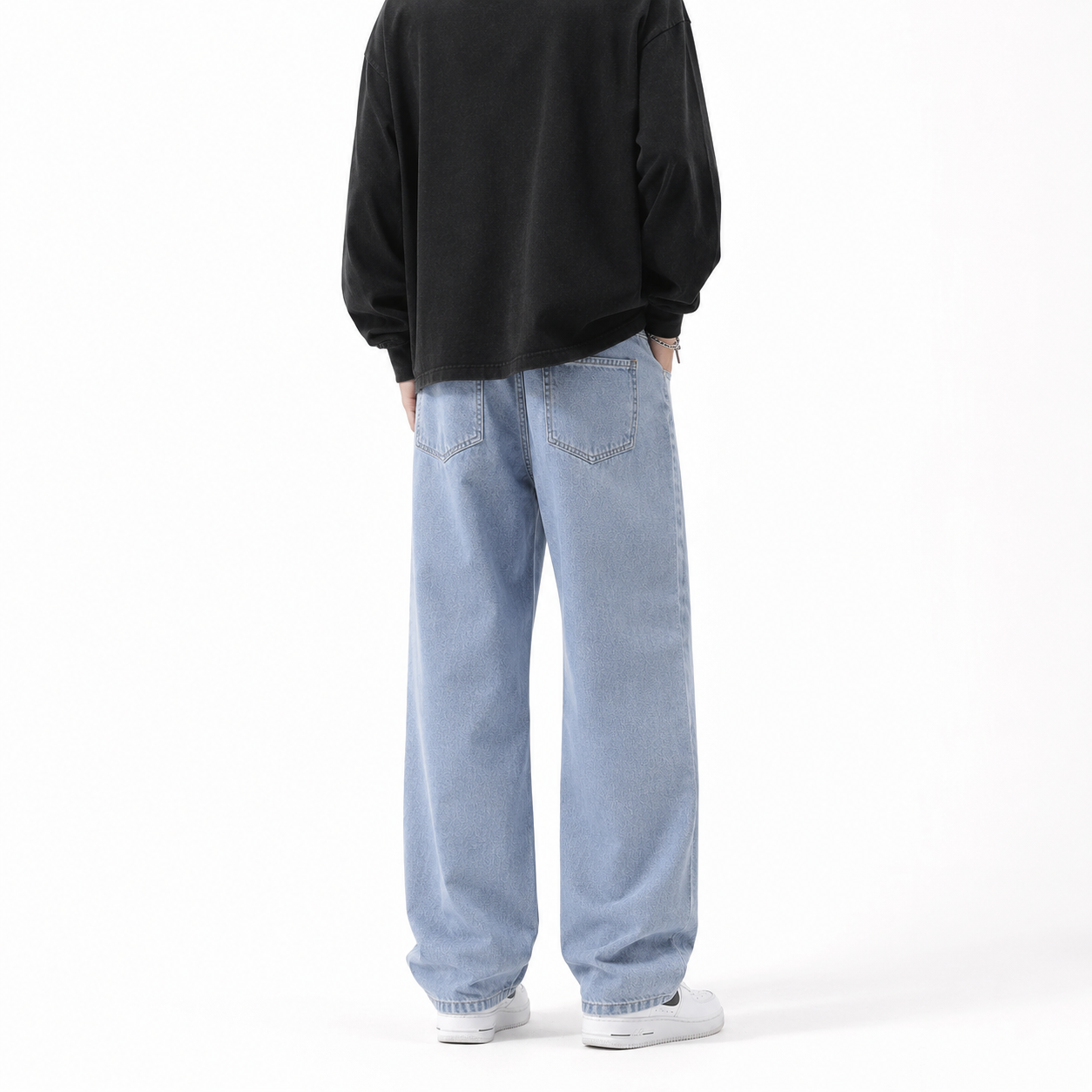 Model wearing light blue Solid Wide-Leg Street Jeans, back view
