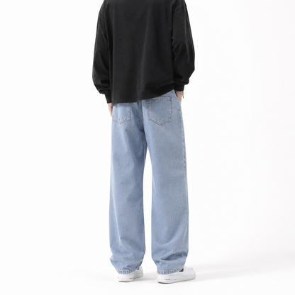 Model wearing light blue Solid Wide-Leg Street Jeans, back view