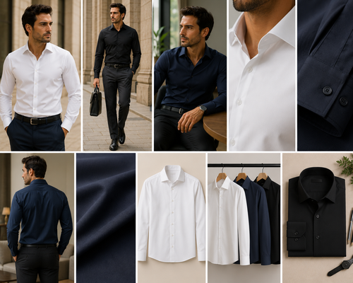 Bamboo-Fiber Dress Shirt clean premium catalog gallery with white black and navy shirts