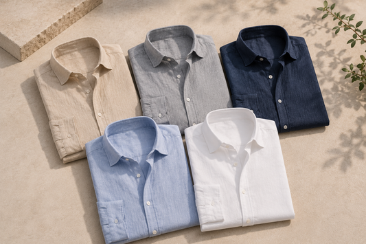 Clean premium catalog image of relaxed linen blend shirts in flaxen gray navy sky blue and white