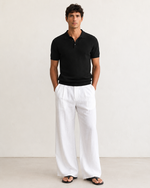 Breathable Wide-Leg Linen Trousers clean catalog image white trousers