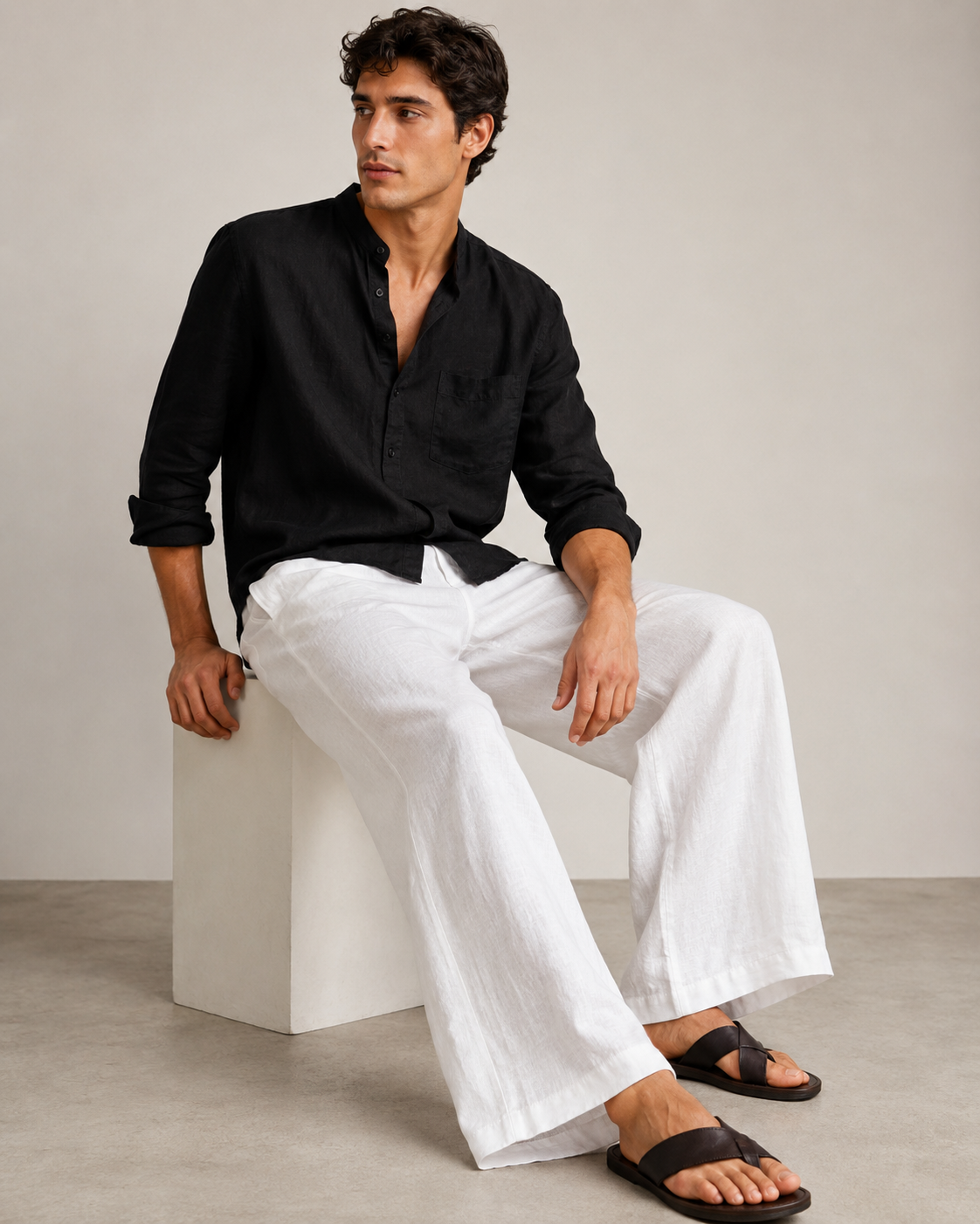 Breathable Wide-Leg Linen Trousers clean catalog image beige trousers