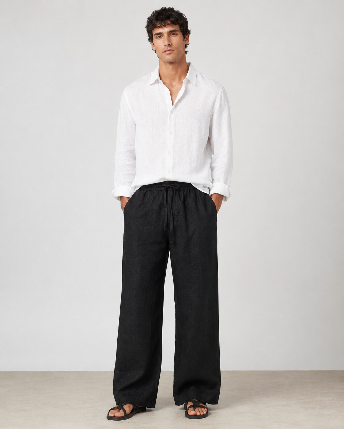 Breathable Wide-Leg Linen Trousers clean catalog image black trousers