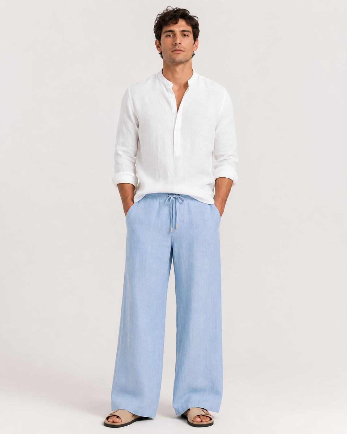 Breathable Wide-Leg Linen Trousers clean catalog image light blue trousers