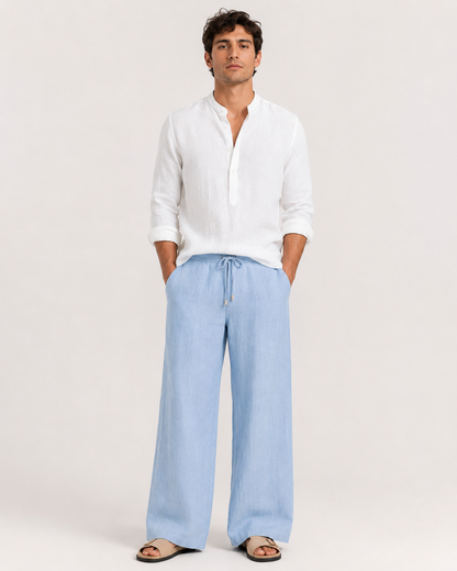 Breathable Wide-Leg Linen Trousers clean catalog image light blue trousers