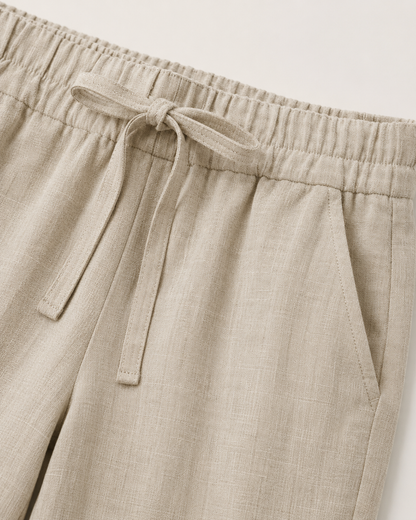 Breathable Wide-Leg Linen Trousers clean close-up waistband fabric detail