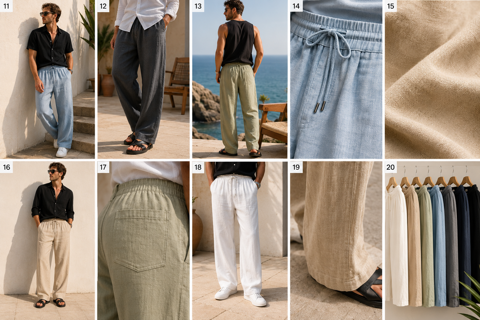 Breathable Wide-Leg Linen Trousers clean lookbook grid with no Chinese text