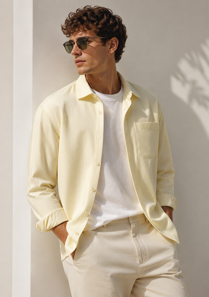 Male model wearing cream waffle-texture long-sleeve overshirt