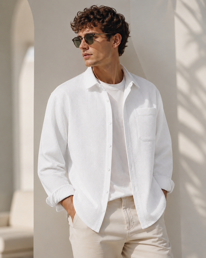 Male model wearing white waffle-texture long-sleeve overshirt
