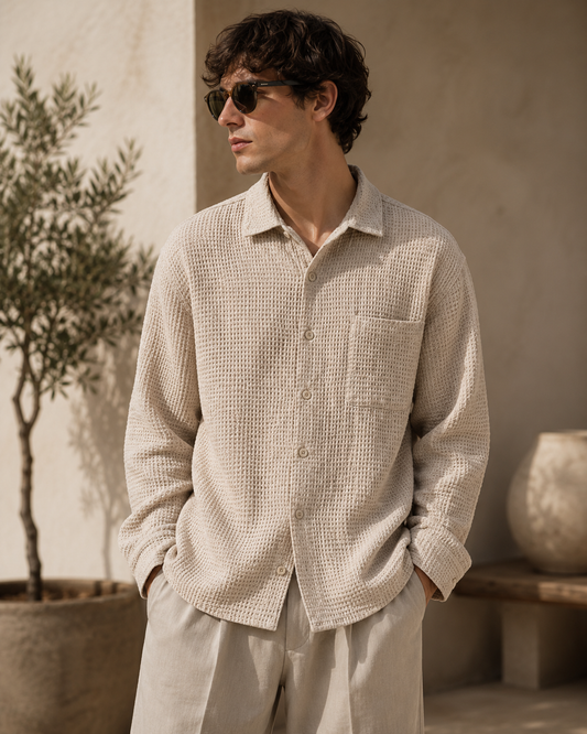 Male model wearing beige textured long-sleeve shirt