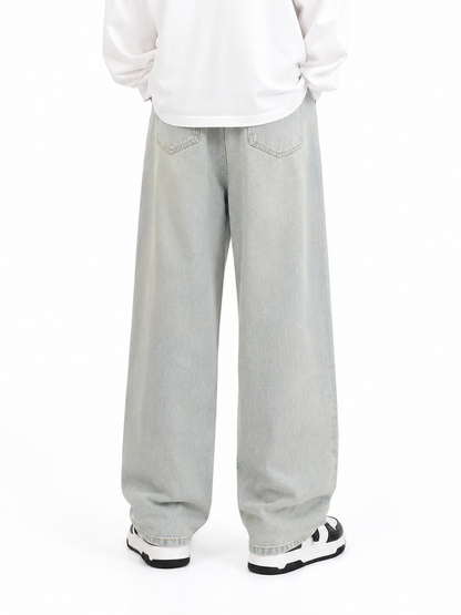 Model wearing light wash Washed Blue Straight-Leg Jeans, back view