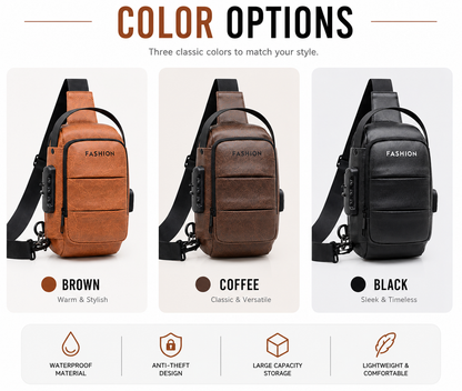 Waterproof Anti-Theft Crossbody Bag color options infographic in English