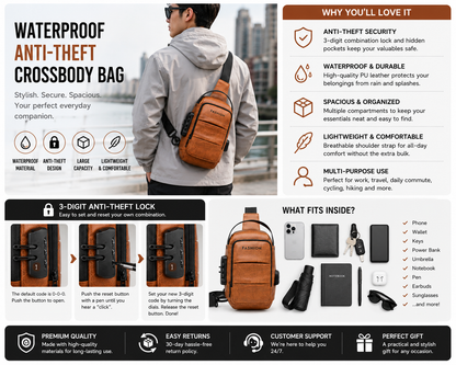 Waterproof Anti-Theft Crossbody Bag main promotional layout in English