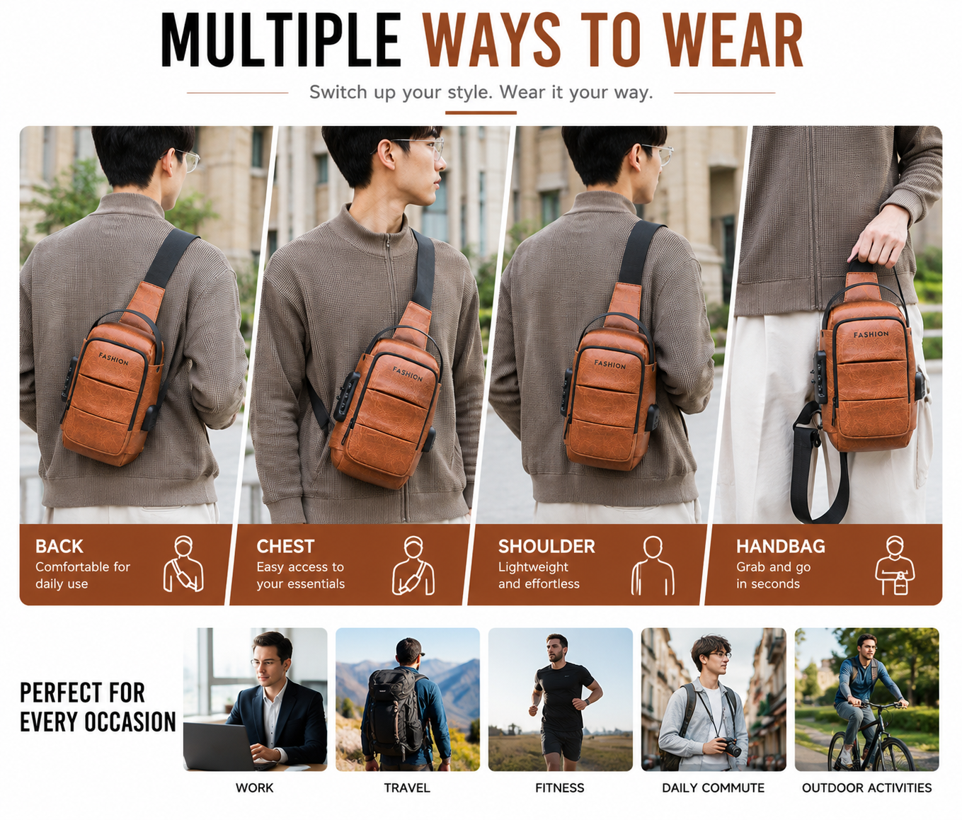 Waterproof Anti-Theft Crossbody Bag multiple ways to wear infographic in English