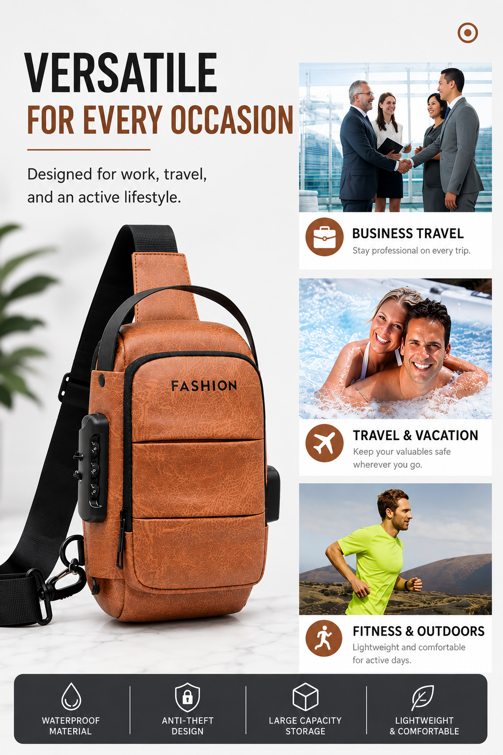 Waterproof Anti-Theft Crossbody Bag versatile occasions poster in English