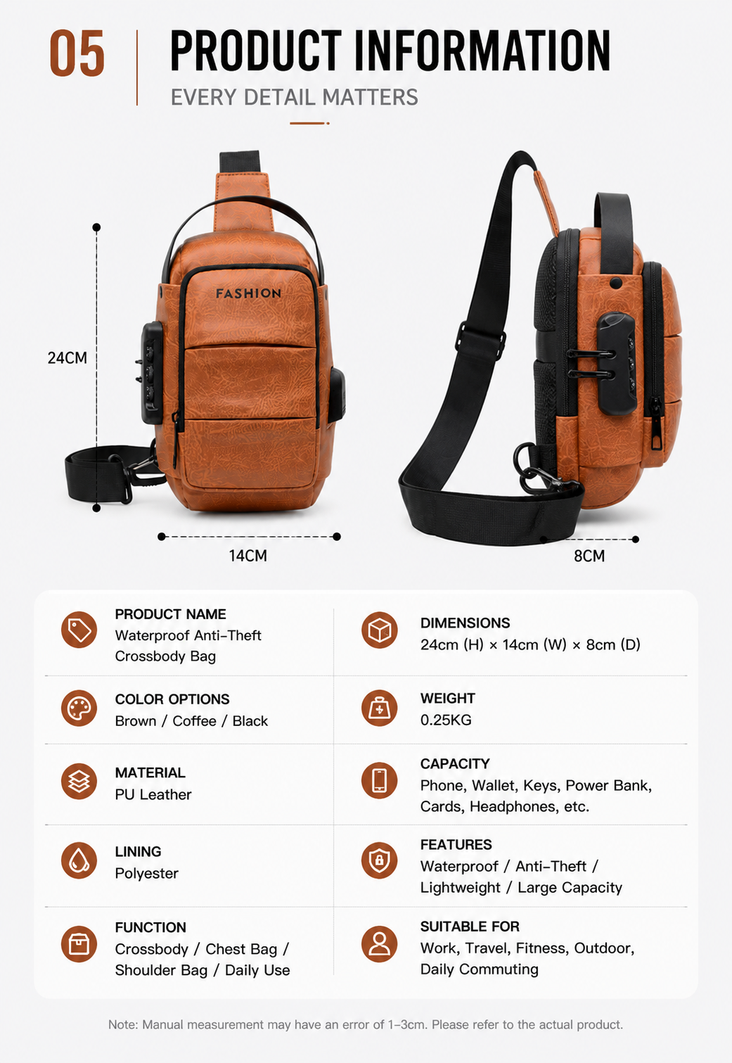 Waterproof Anti-Theft Crossbody Bag product information infographic in English