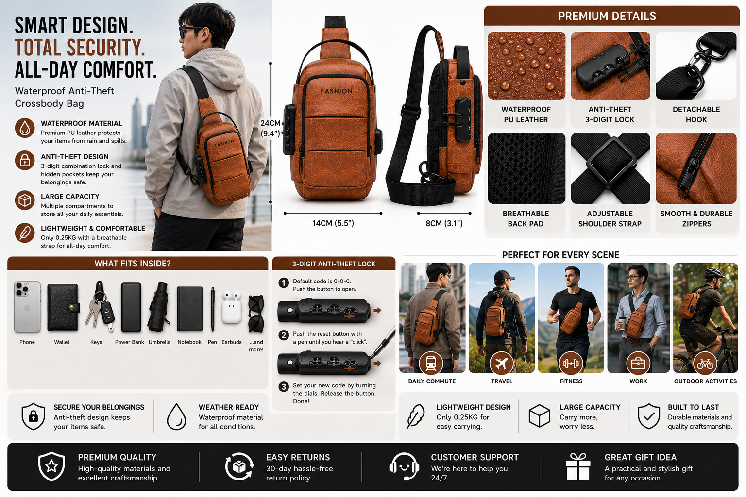 Waterproof Anti-Theft Crossbody Bag smart design security and comfort infographic in English