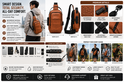 Waterproof Anti-Theft Crossbody Bag smart design security and comfort infographic in English