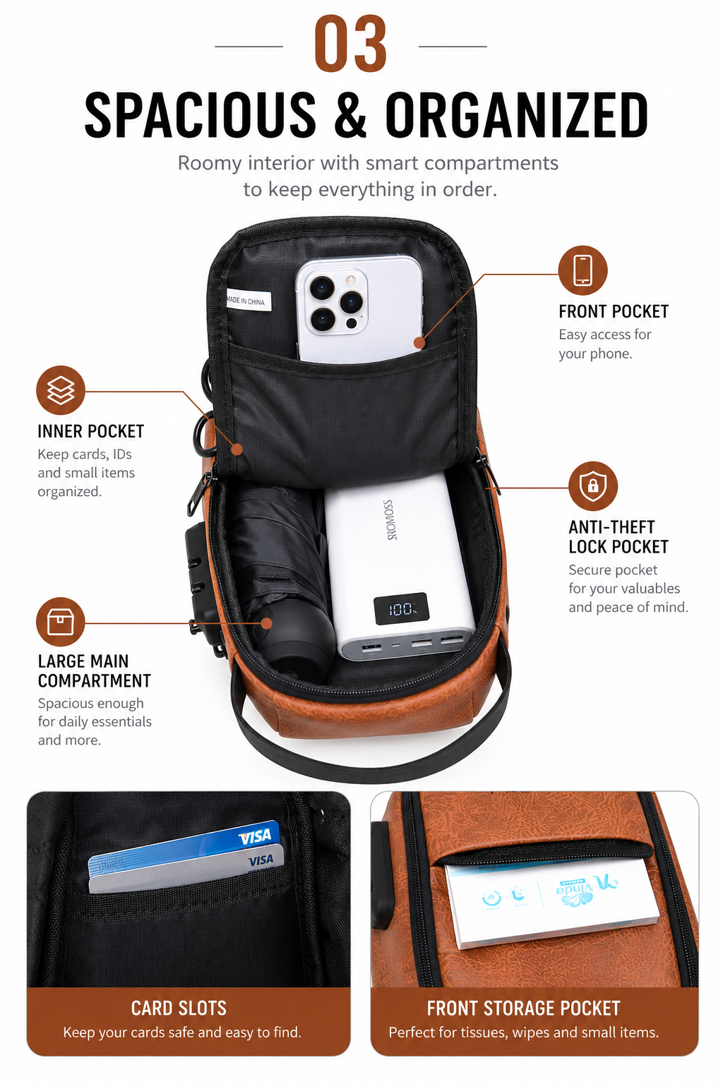 Waterproof Anti-Theft Crossbody Bag spacious organized compartments infographic in English