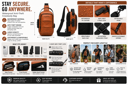 Waterproof Anti-Theft Crossbody Bag stay secure go anywhere infographic in English