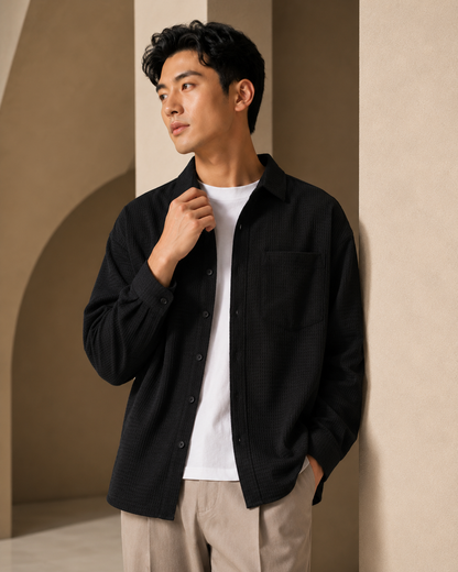 Wrinkle-Resistant Long-Sleeve Shirt black model ad image
