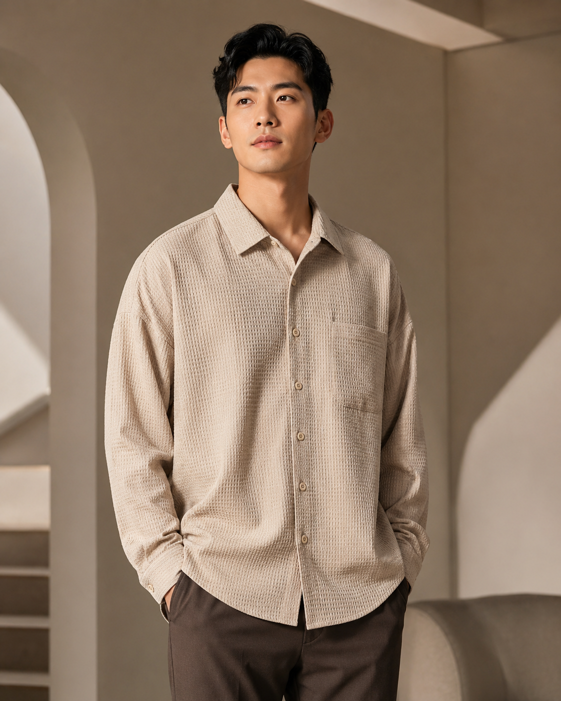 Wrinkle-Resistant Long-Sleeve Shirt khaki model ad image